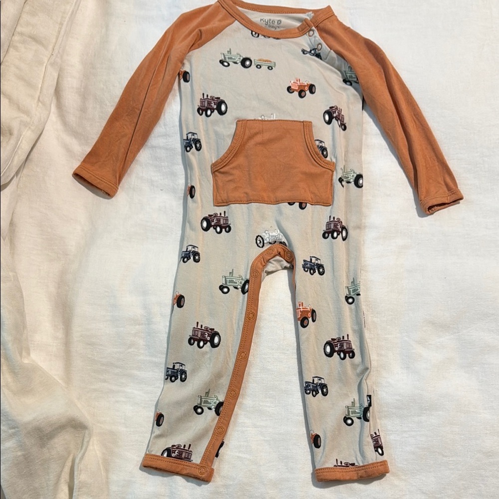 Kyte BABY Tractor Print Bodysuit with Orange Accents